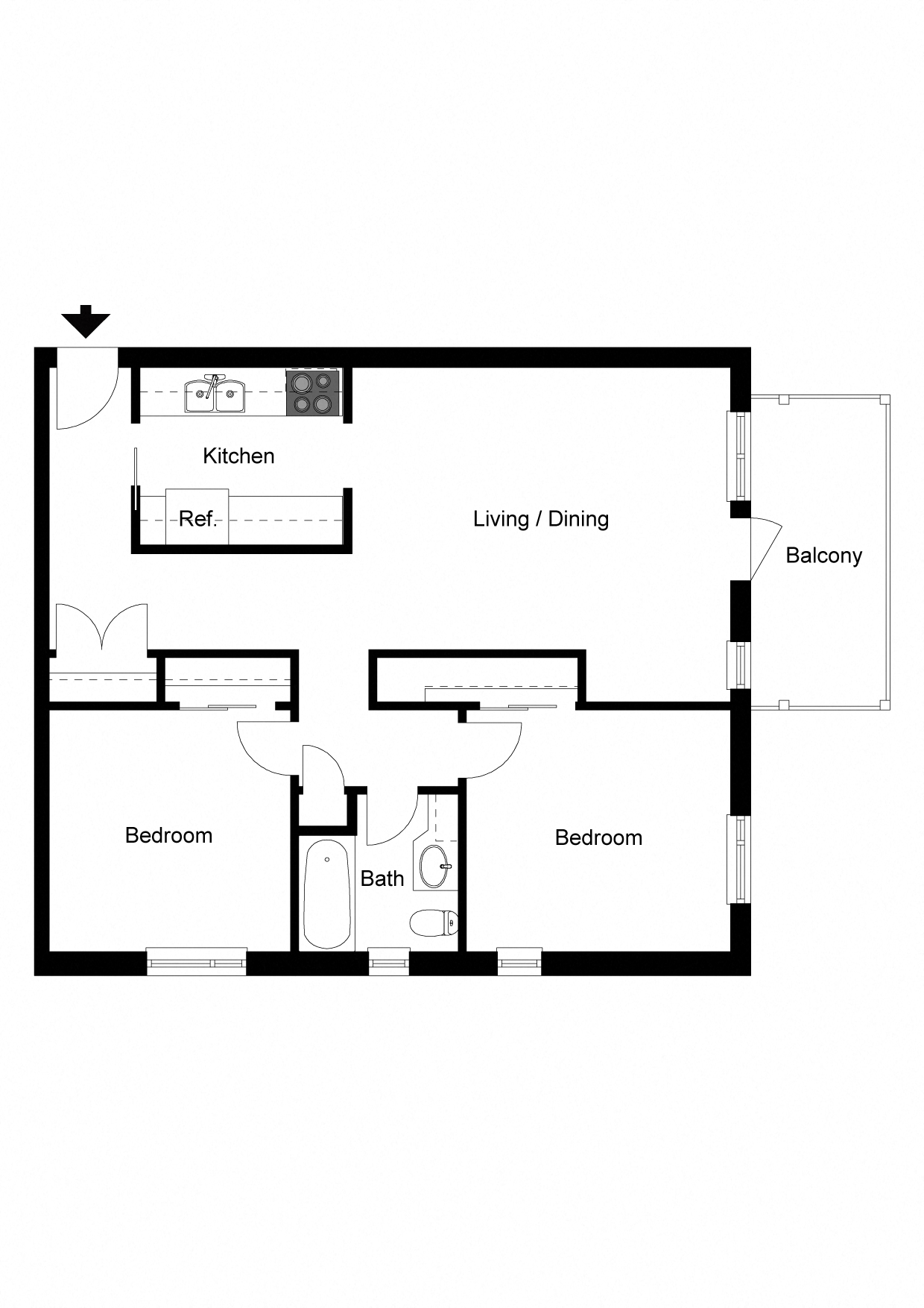 Floor plan for 2 beds, 1 bath, 728 sqft